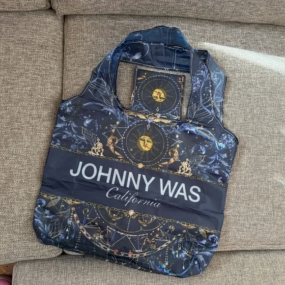 Johnny Was California Reusable Shopping Bag Tote Blue Gold Moon Packable New - Picture 7 of 12
